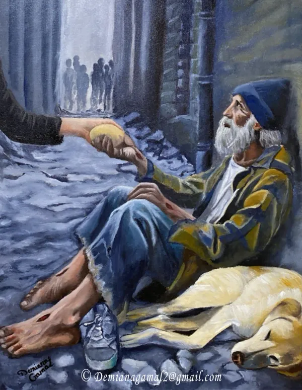 A homeless man receiving food with a dog beside him.