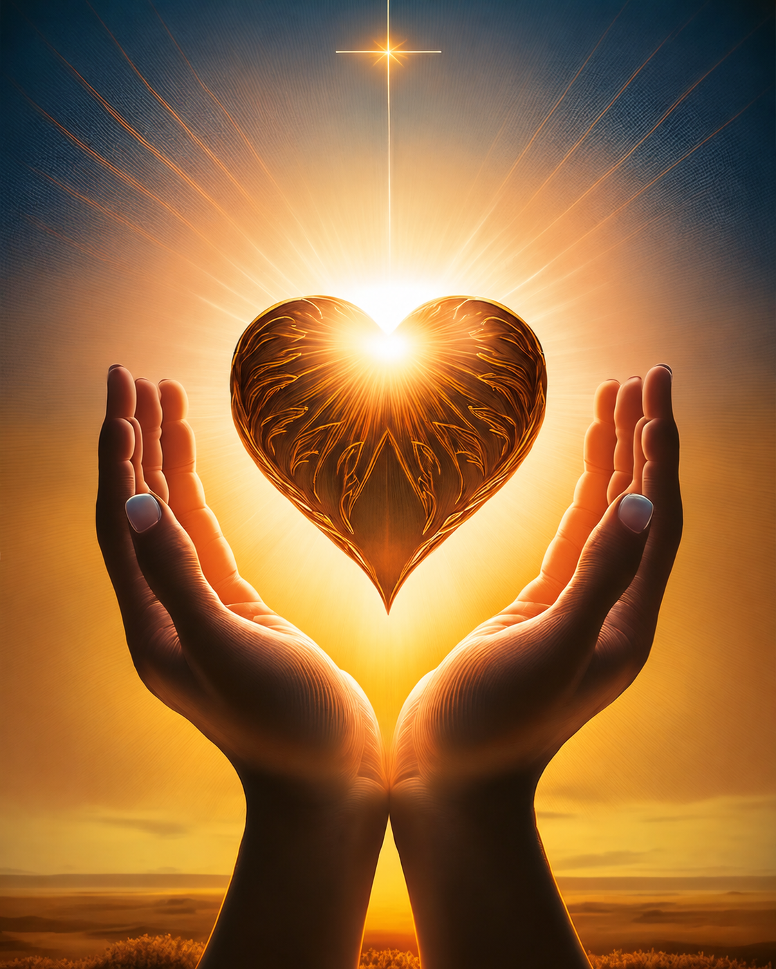 Hands holding a glowing heart below a cross at sunset.